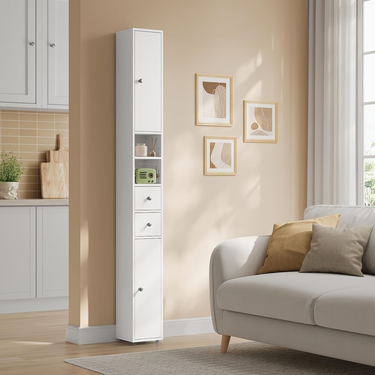 1pièce Armoire de salle de bain, Armoire de salle de bain étroite et haute avec tiroirs, Compartiments de meubles de salle de bain, Étagères ajustables, Portes, Blanc, MDF, 20 x 180 x 20 cm