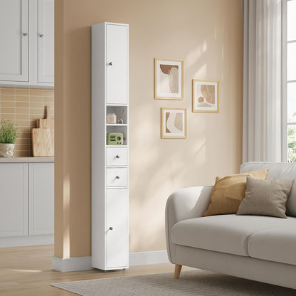 1pièce Armoire de salle de bain, Armoire de salle de bain étroite et haute avec tiroirs, Compartiments de meubles de salle de bain, Étagères ajustables, Portes, Blanc, MDF, 20 x 180 x 20 cm
