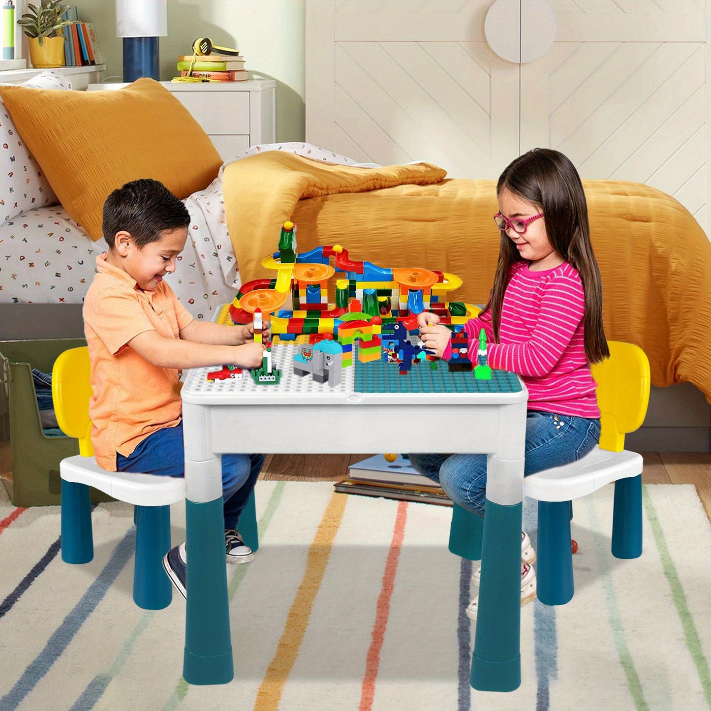 Table de jeu d'activité, Ensemble de table d'activité multifonctionnelle, Ensemble de table et de chaises de blocs de construction, Table d'artisanat de chambre, Table d'étude, avec 2 chaises et 163 blocs de construction