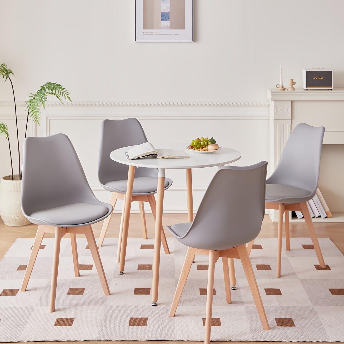 Ensemble de 6 chaises de salle à manger modernes du milieu du siècle, chaises de cuisine, chaises de bureau, chaise coquillage de designer avec coussins ergonomiques en similicuir et pieds en bois massif pour cuisine, salon, chambre à coucher, blanc