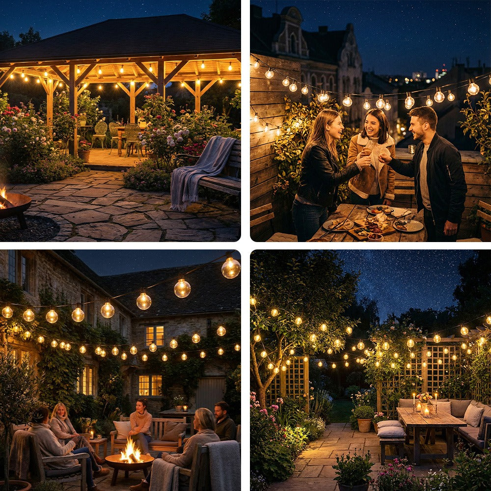Guirlande Lumineuse Solaire d'Extérieur, 15,25M/20,13M/30,49M, Lumières LED pour Terrasse, Minuterie à Intensité Variable, 8 Modes d'Éclairage Réglables, Lumière Blanc Chaud Réglable, pour Jardin, Cour, Tonnelle, Porche, Fête, Mariage