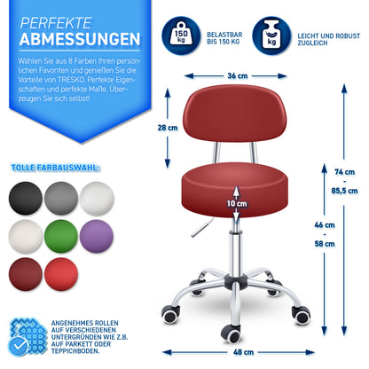 Tabouret Escalier TRESKO® avec Dossier 150 Kg | Tabouret de Travail Réglable en Hauteur 47-60 Cm | Tabouret Pivotant avec Roulettes | Tabouret Chaise de Bureau Chaise Pivotante