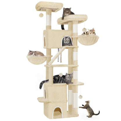 Grand Griffoir pour Chat 185 cm Stable avec 6 Poteaux à Griffer, 3 Grotto, 2 Plateformes d'Observation, 2 Paniers, 4 Balles en Peluche, Griffoir Multiniveau pour Chat