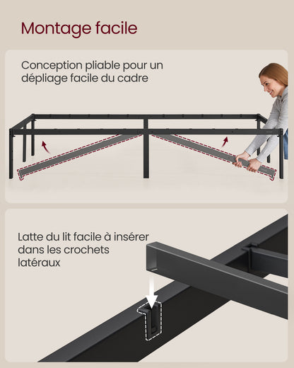 Cadre de Lit 140 x 190 avec Sommier Métal, Cadre en Métal, lit double, Espace de Rangement au Dessous, Moderne, Lit d'Invité, Montage Facile