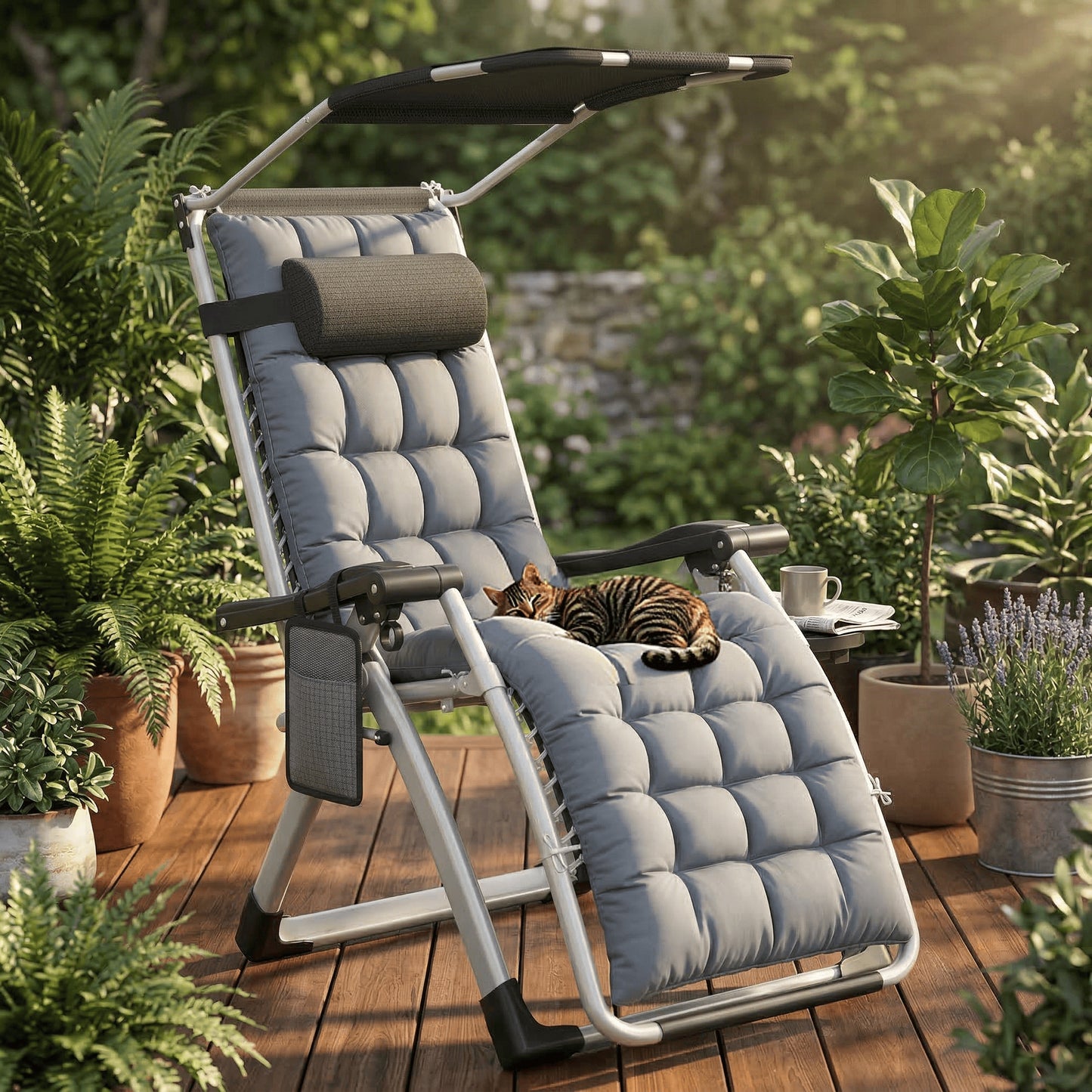 Lounge de soleil avec auvent, chaise longue pliable, très large, dossier réglable, coussin épaissi ergonomique, oreiller cervical, poches latérales, porte-gobelets, gris noir, gris clair, beige