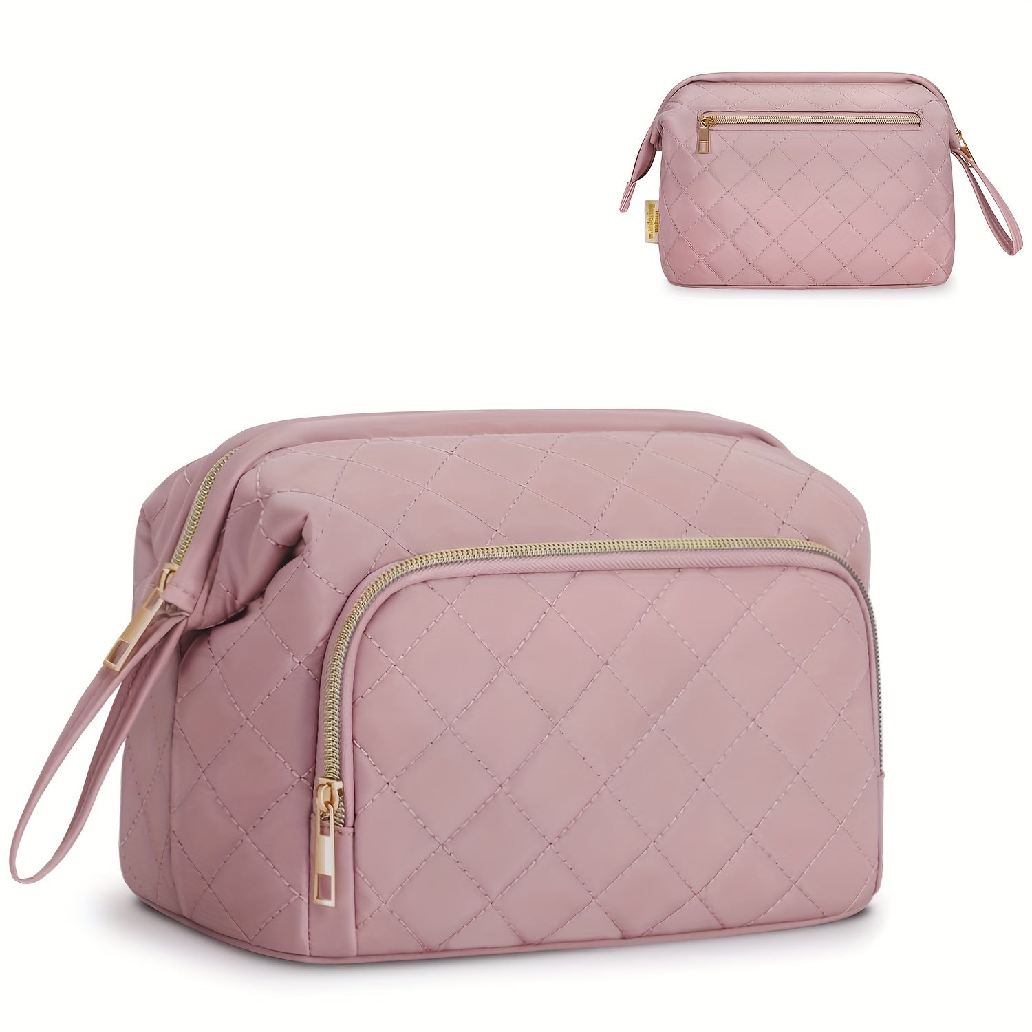 Sac à Maquillage Élégant Matelassé pour Femmes - Grand Organisateur de Cosmétiques à Ouverture Large avec Deux Compartiments (Poche Avant + Poche Arrière Zippée), Trousse de Toilette Spacieuse avec Poignée Solide - Polyester Facile à Nettoyer pour Pinceau