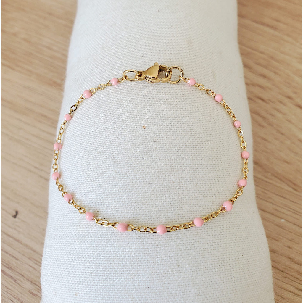 Bracelet perles d'email chaine acier inoxydable couleur or artisanal fait main