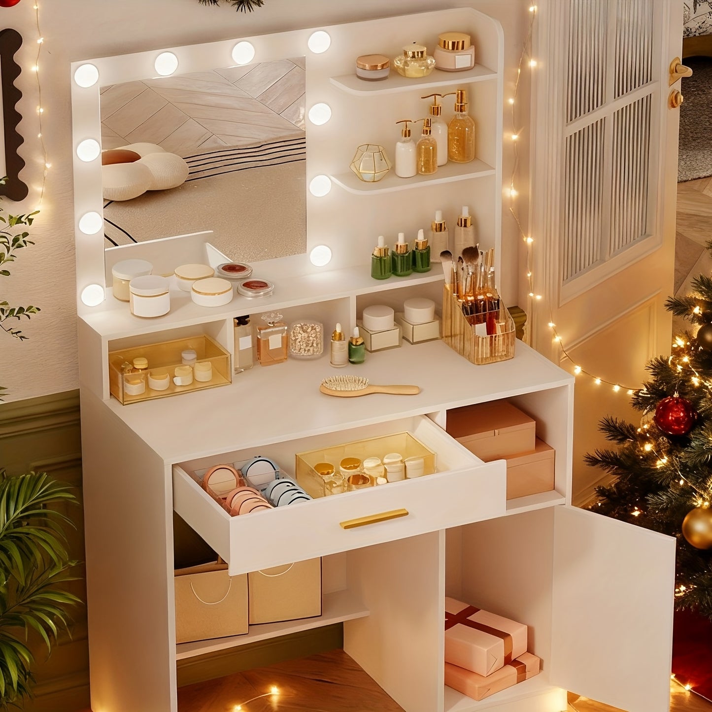 Coiffeuse avec Miroir et 10 Lumières LED, Coiffeuse avec 3 Étagères et 4 Compartiments Ouverts, Coiffeuse avec Grand Tiroir et Placard, 3 Niveaux d'Éclairage Réglables, Blanc, Gris Beige