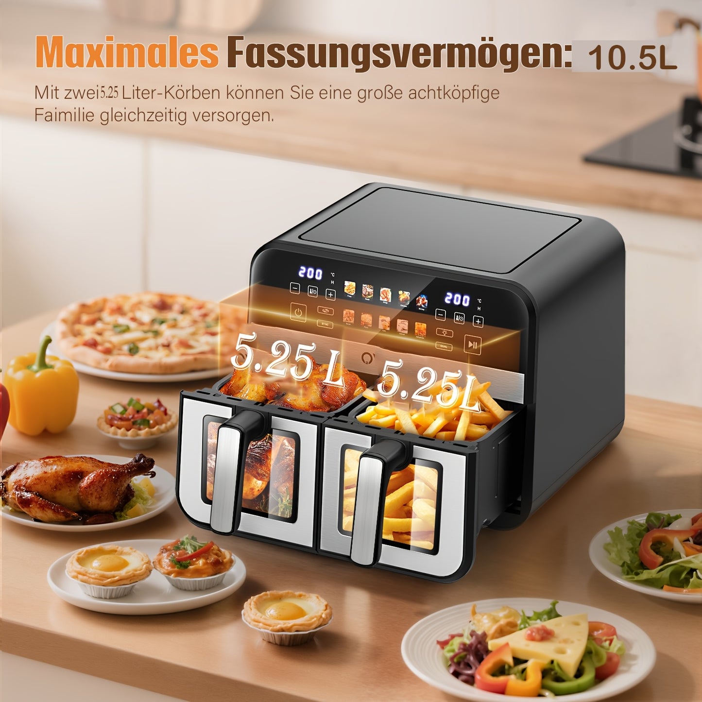 Friteuse à Air 10,5L 10-en-1 DualZone avec 2 Paniers Indépendants, Fenêtres Visibles, Cuisson Synchronisée pour Déshydrater, Dégeler, Rôtir, Cuire, Réchauffer et Plus, Repas Rapides et Faciles, Antiadhésive et Lavable au Lave-Vaisselle