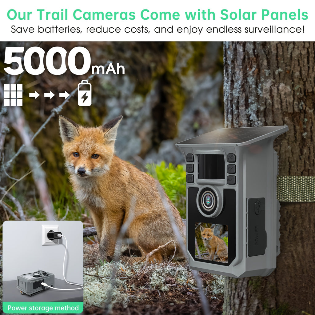 Caméra de Chasse 4K 64MP avec Vision Nocturne, Détection de Mouvement en 0,2s & 130°, Caméra de Jeu WiFi avec Écran, Panneau Solaire & Batterie de Secours pour Chasse, Surveillance de la Faune, Montage sur Arbre (Alertes Intelligentes via Application Mobi