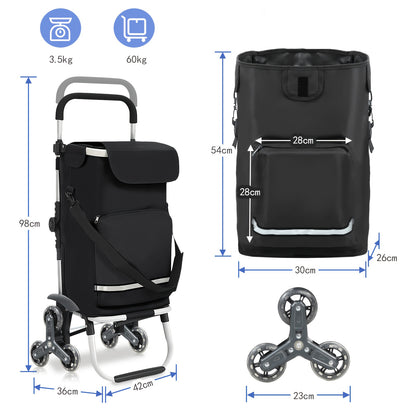 Chariot de courses 3 roues pour escaliers avec poignée réglable en hauteur, compartiment isotherme et porte-gobelet, 3 en 1 pour camping et provisions