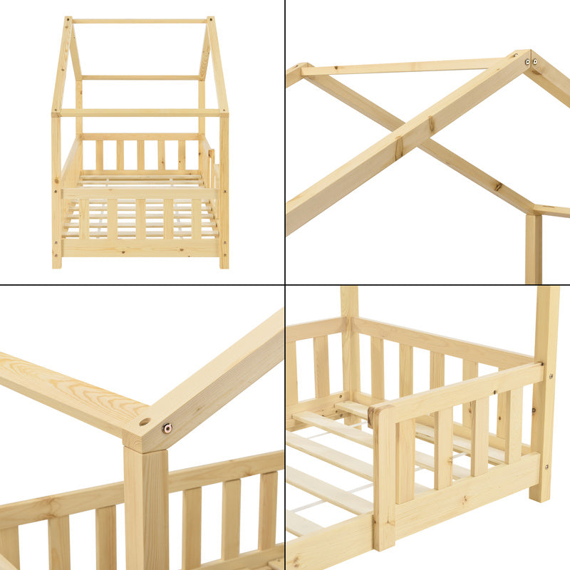 Lit pour enfants Treviolo de style maison avec protection contre les chutes en bois de pin
