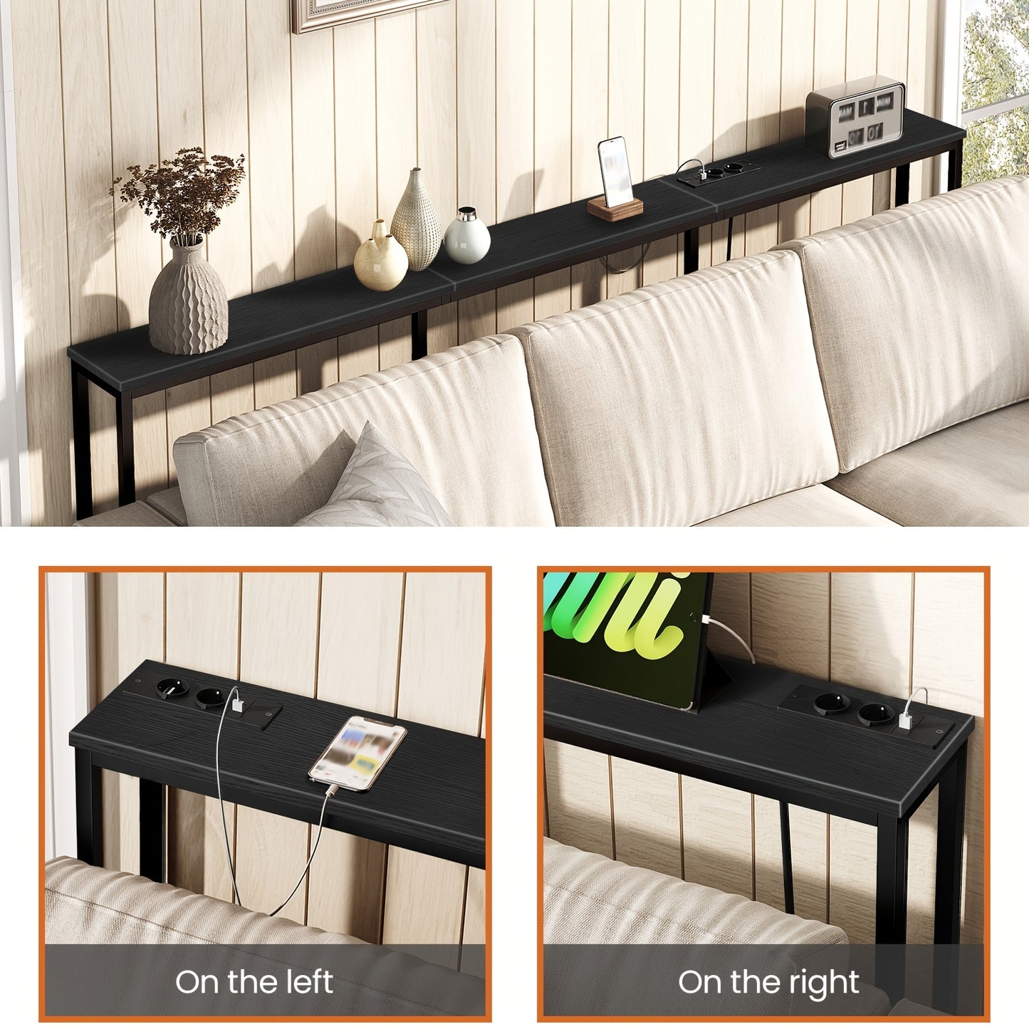Table Console Moderne Industrielle Étroite avec Station de Chargement et Ports USB - Bois Ingénierie Robuste et Métal, Idéale pour Entrée, Salon, Table de Canapé, Bureau de Chargement USB pour Hall, Couloirs, Entrées