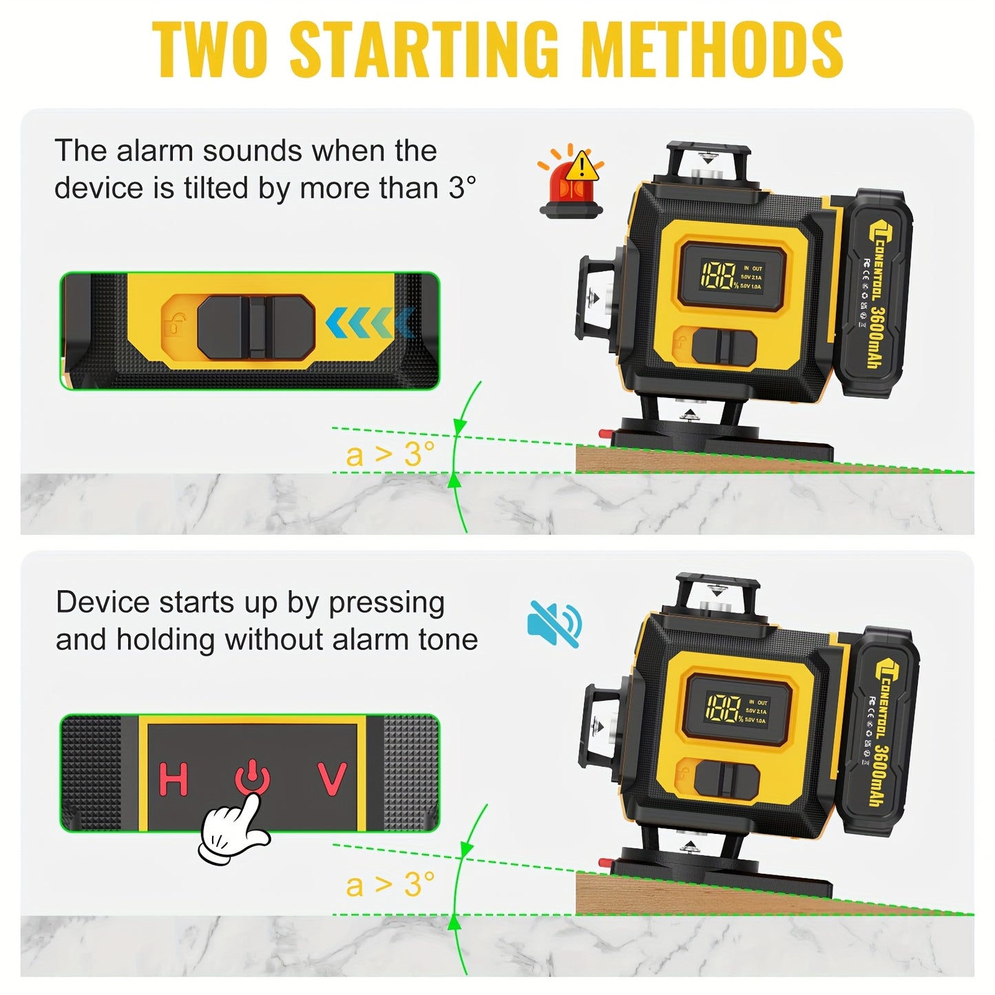 Niveau laser autodresseur 4D professionnel Conentool avec ou sans trépied robuste et barre d'extension, projecteur de lignes horizontales/verticales 16 lignes, options batterie/affichage LCD, base rotative 360° adapté au bricolage et à la rénovation