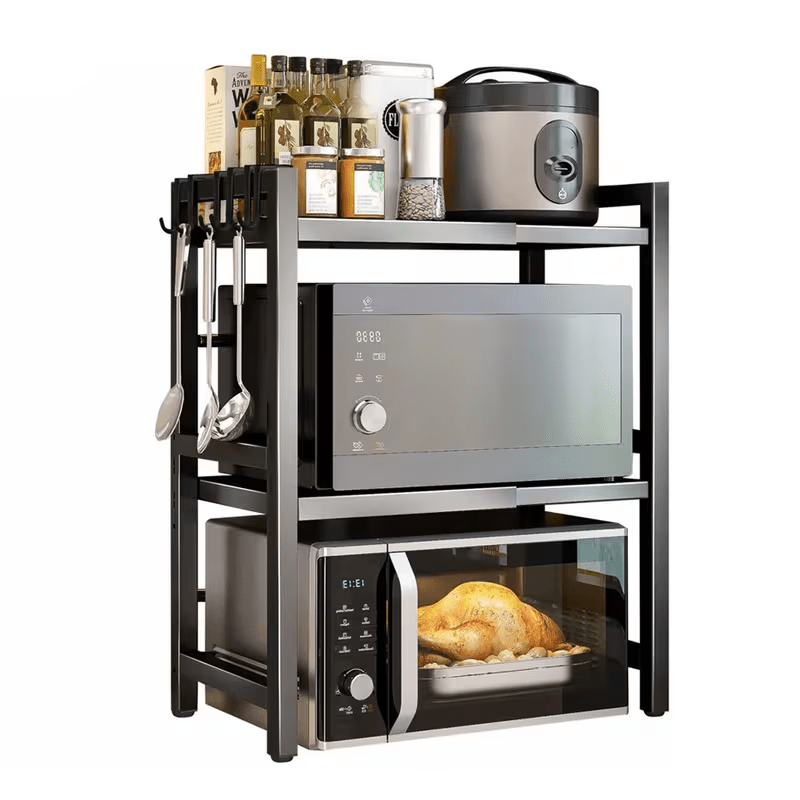 Étagère micro-ondes extensible à 3 niveaux, Organisateur d'armoire micro-ondes de comptoir de cuisine, Étagère micro-ondes en métal avec 6 crochets, Étagère de rangement d'organisation de cuisine réglable pour le stockage d'appareils de cuisine tels que l
