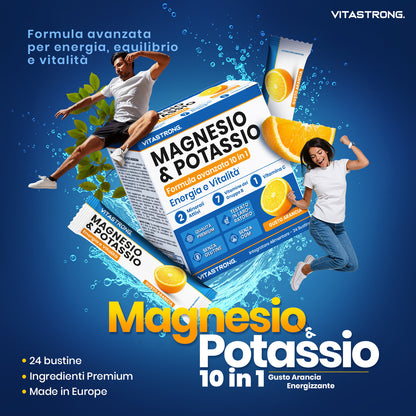 Formule Vitastrong Magnésium et Potassium 10-en-1, Bâtonnets Multivitamines Intégrateur Potassium et Magnésium 24 avec Vitamine C et Vitamines du Groupe B, Sans Saccharose, Gluten, Goût d'Orange