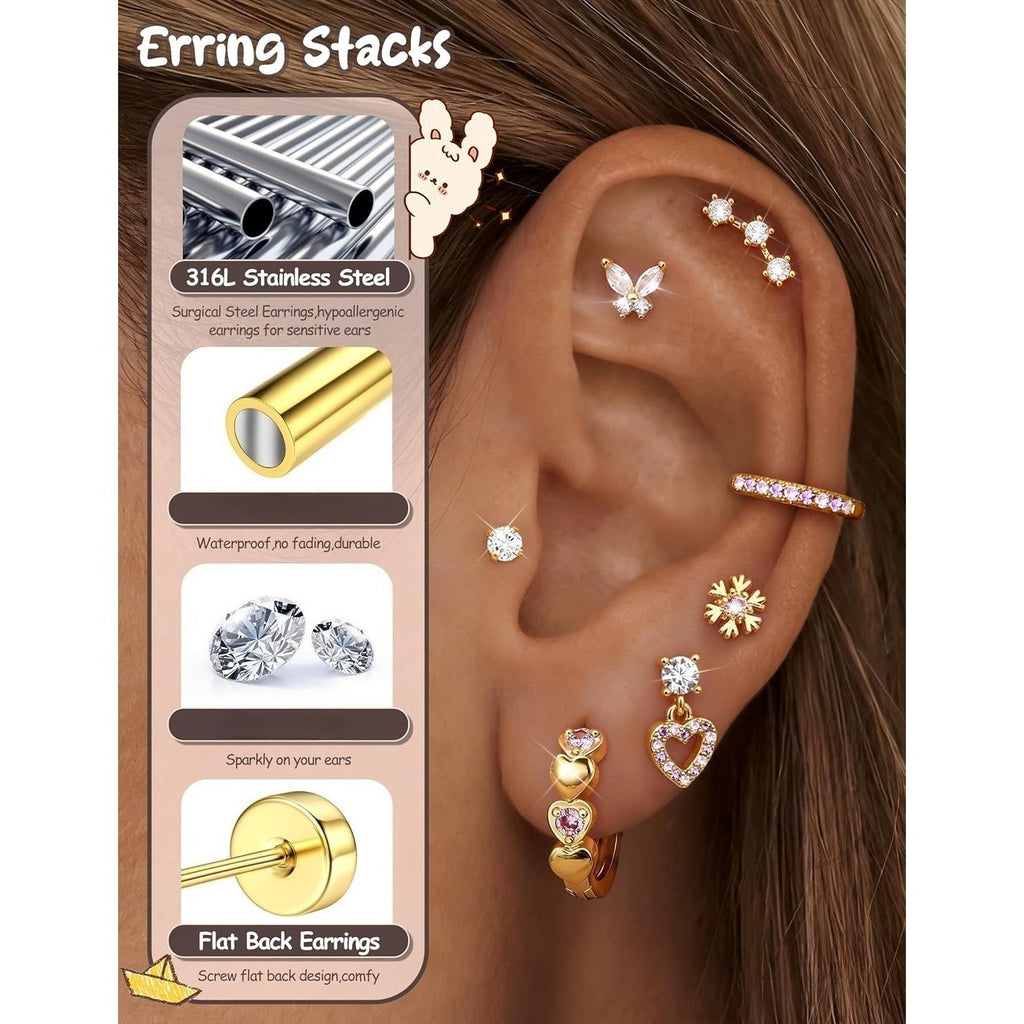 2D Plat - 14 Paires de Boucles d'Oreilles Plat Hypoallergéniques pour Femmes | Acier Inoxydable Chirurgical, Plaqué Or 14K, Zircone Synthétique, Style Élégant et Facile - Ensemble de Boucles d'Oreilles Platback Mignonnes, Petites Boucles d'Oreilles
