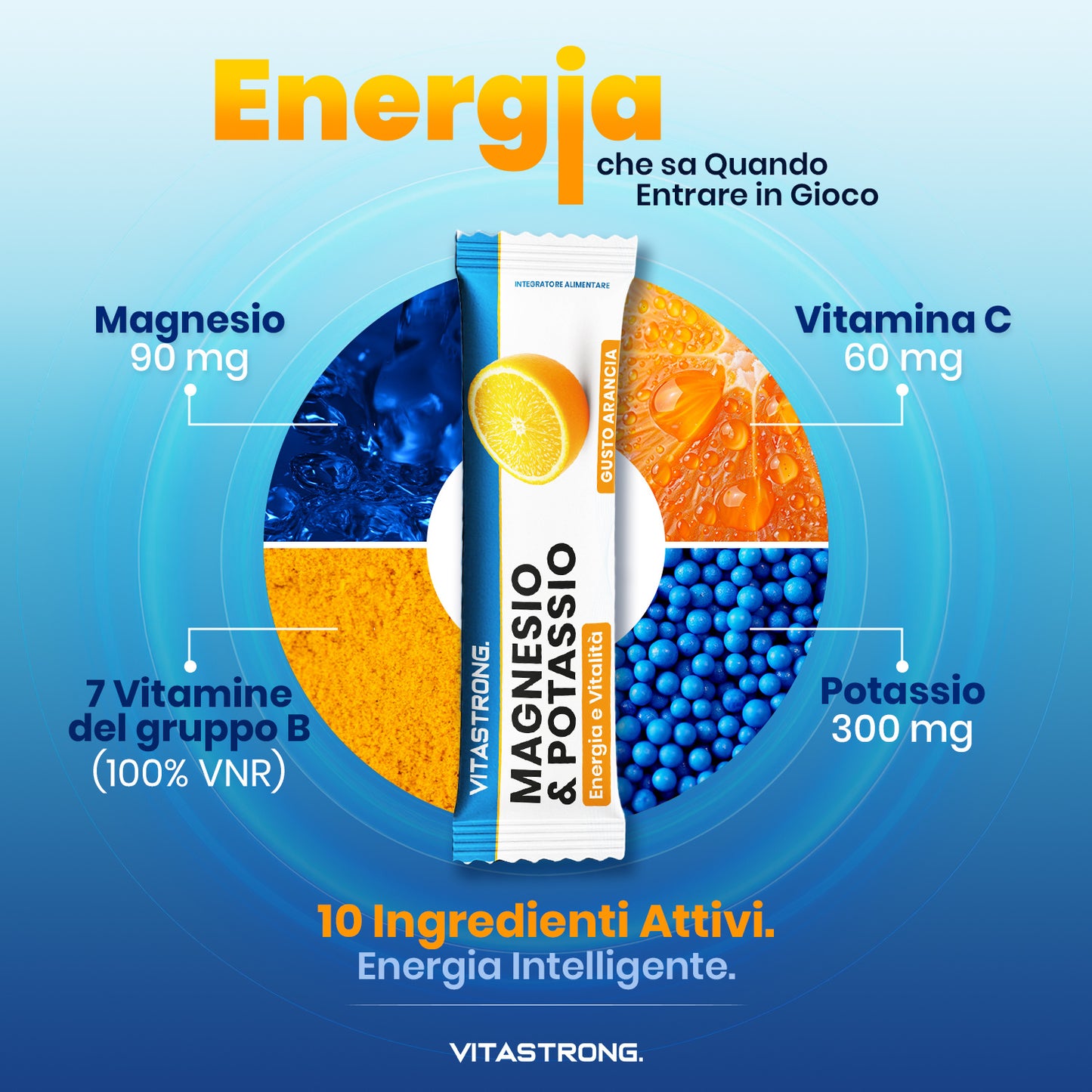 Formule Vitastrong Magnésium et Potassium 10-en-1, Bâtonnets Multivitamines Intégrateur Potassium et Magnésium 24 avec Vitamine C et Vitamines du Groupe B, Sans Saccharose, Gluten, Goût d'Orange