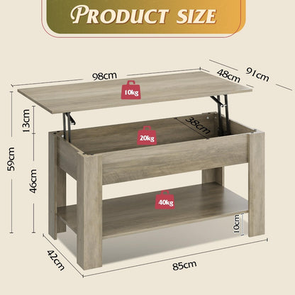Table Basse Réglable en Hauteur avec Étagère, Table de Salon Rectangulaire avec Espace de Rangement Ouvert et Caché, Table de Salon pour Salon, Chambre à Coucher