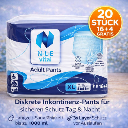 Culottes Incontinence Adultes L/XL | 20pièces (16 + 4 Gratuits) | Couches Pull-Up | Absorption 1000 Ml