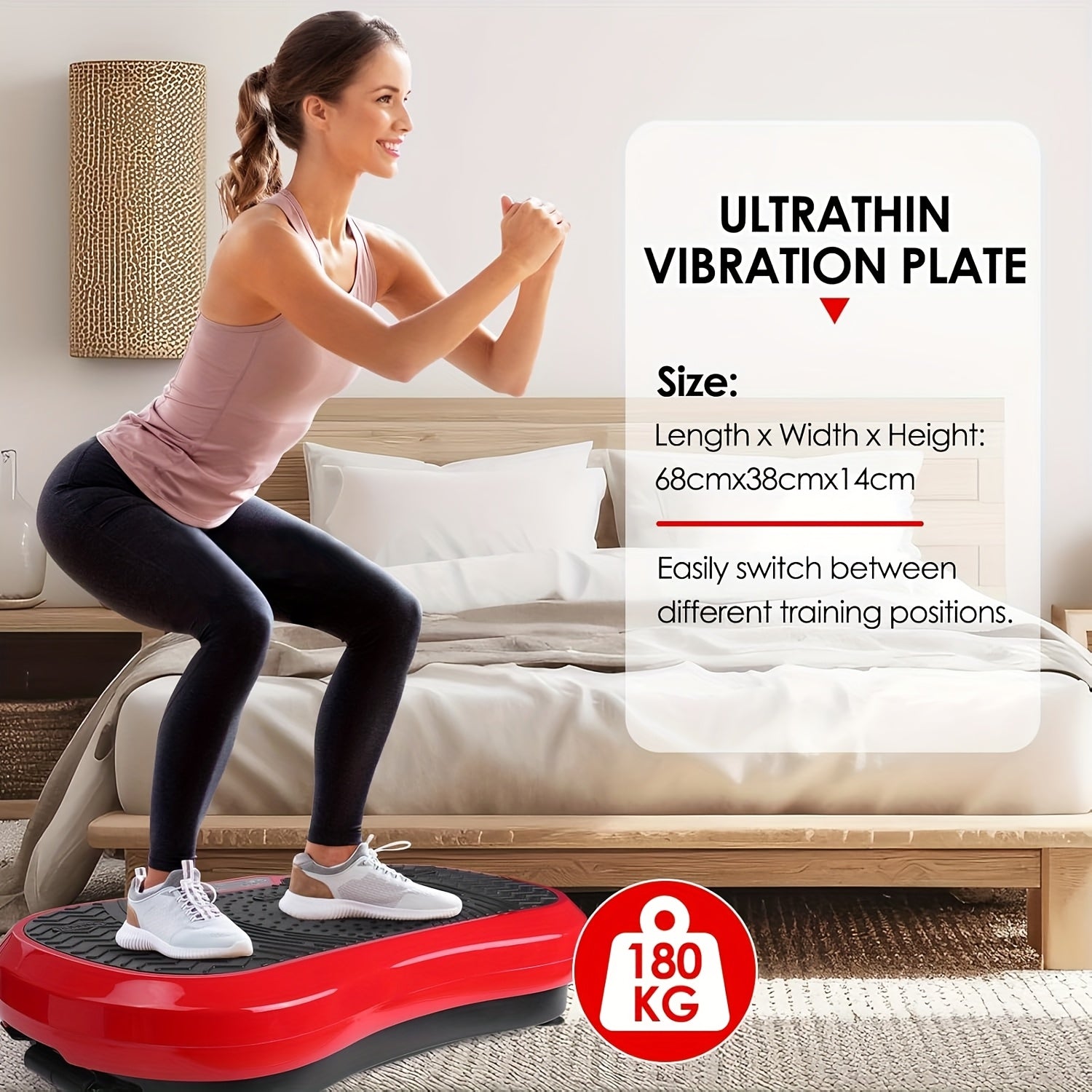 Plaque de vibration | 120 niveaux d'intensité, 10 modes d'entraînement, moteur silencieux, équipement de gym à domicile, entraînement complet du corps, avec télécommande, masseur, capacité de poids de 180 kg, pour hommes et femmes, rouge, matériau en fer,