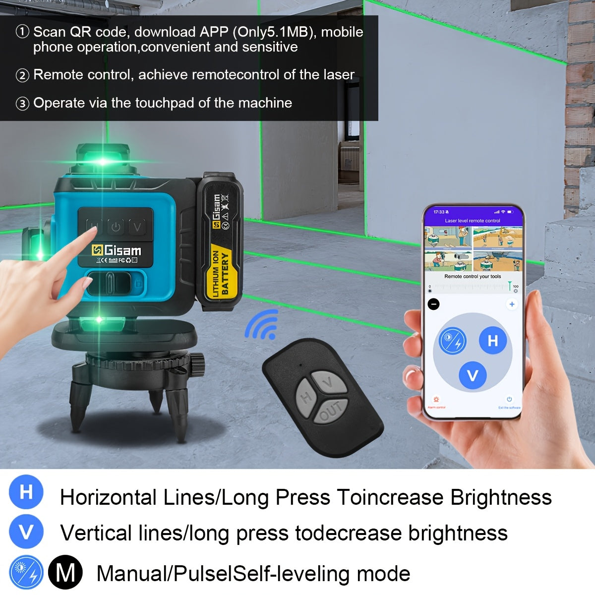 Niveau laser 4D vert Gisam 16 lignes avec trépied et contrôle par application, 4 x 360° auto-nivellement horizontal vertical croisé, outil de construction haute précision avec batterie lithium rechargeable, pour rénovation domicile et projets d'ingénierie