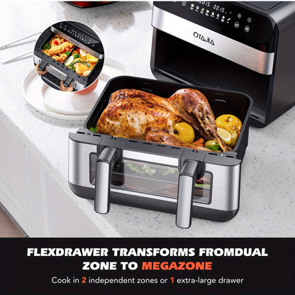 Friteuse à air 10/11L avec deux paniers flexibles, écran tactile numérique, 8 modes de cuisson, température réglable, fenêtre de visualisation, lavable au lave-vaisselle et technologie de cuisson saine pour les familles et la préparation des repas