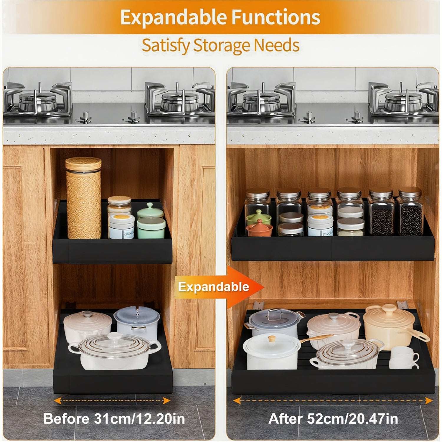 Un lot de 2 organisateurs d'armoire coulissants - étagère extensible à tiroirs adhésifs robuste, adaptée aux armoires de cuisine et étagères escamotables, idéale pour organiser le garde-manger, 31 cm-52 cm réglable (noir, blanc)