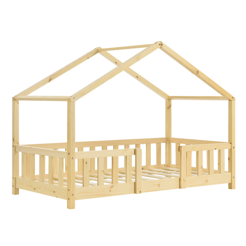 Lit pour enfants Treviolo de style maison avec protection contre les chutes en bois de pin