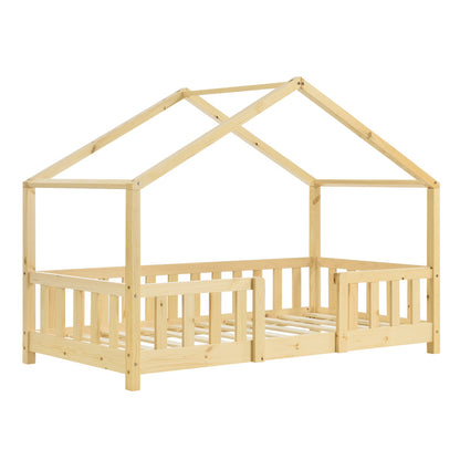 Lit pour enfants Treviolo de style maison avec protection contre les chutes en bois de pin