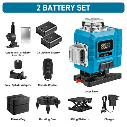 1 Ensemble Niveau Laser 16 Lignes à Mise à Niveau Automatique, Outil de Niveau Laser à Ligne Croisée Verte 4D 4X360° avec 2 Batteries Rechargeables, pour la Construction et la Suspension de Tableaux