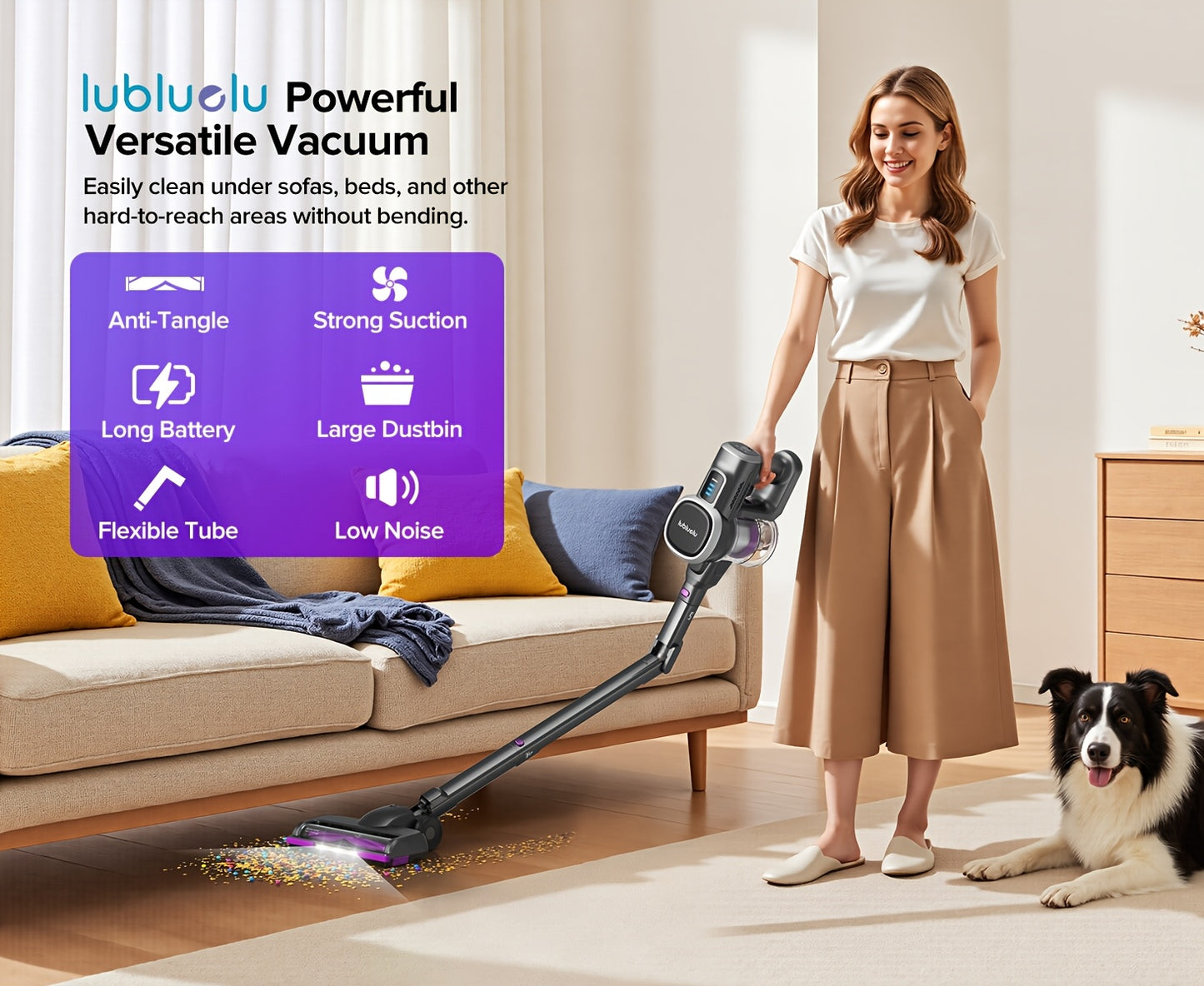 Aspirateur pliable sans fil Lubluelu P5, 40Kpa/50Min, anti-obstruction à six niveaux de dépose, tube pliable flexible, grandes roues, auto-stabilisation, anti-enchevêtrement, grand réservoir à poussière, parfait pour les poils d'animaux, les sols et les t