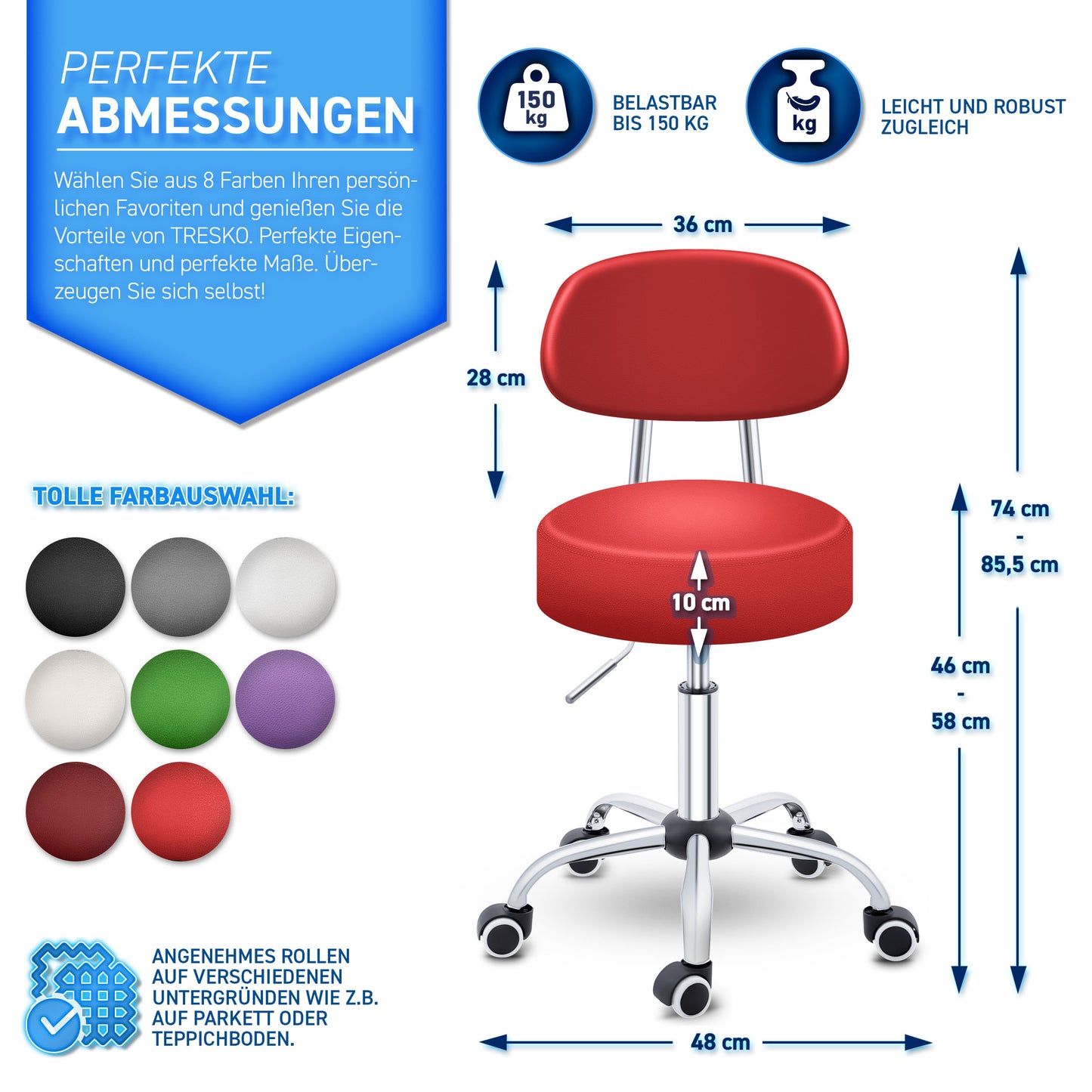 Tabouret Escalier TRESKO® avec Dossier 150 Kg | Tabouret de Travail Réglable en Hauteur 47-60 Cm | Tabouret Pivotant avec Roulettes | Tabouret Chaise de Bureau Chaise Pivotante