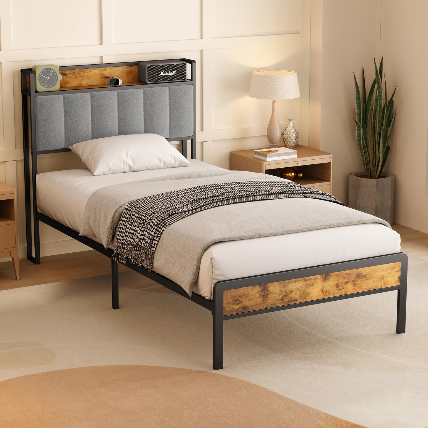 Lit double élégant et tendance en bois rembourré avec cadre en métal, support à lattes en bois et tête de lit ergonomique - Parfait pour n'importe quelle chambre (Gris foncé, Gris)