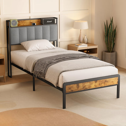 Lit double élégant et tendance en bois rembourré avec cadre en métal, support à lattes en bois et tête de lit ergonomique - Parfait pour n'importe quelle chambre (Gris foncé, Gris)