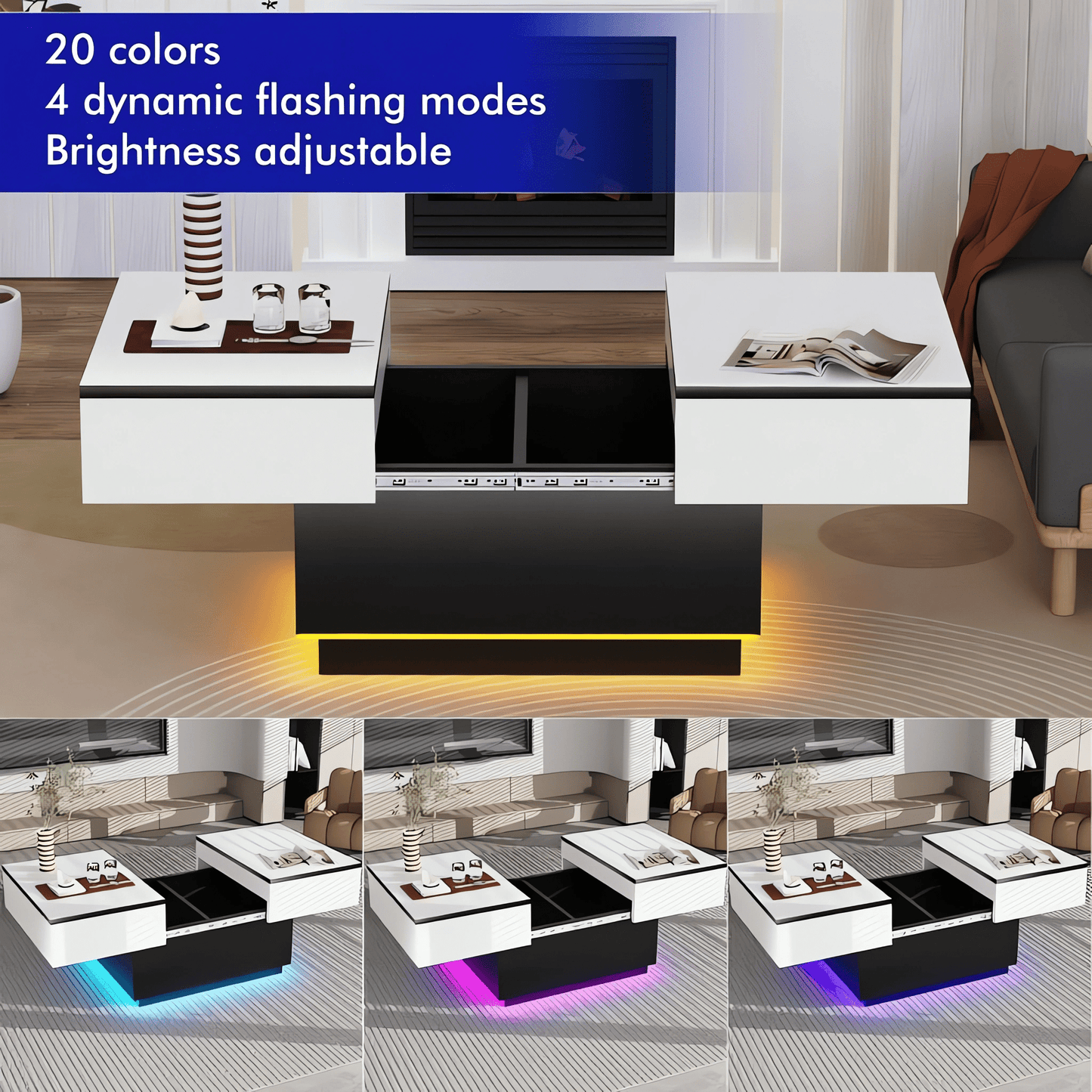 Table basse blanche, table de salon, table d'appoint avec 2 étagères de rangement, 80x58x40 cm, plateau extensible avec bande lumineuse RVB, meuble moderne pour salon, salle de conférence