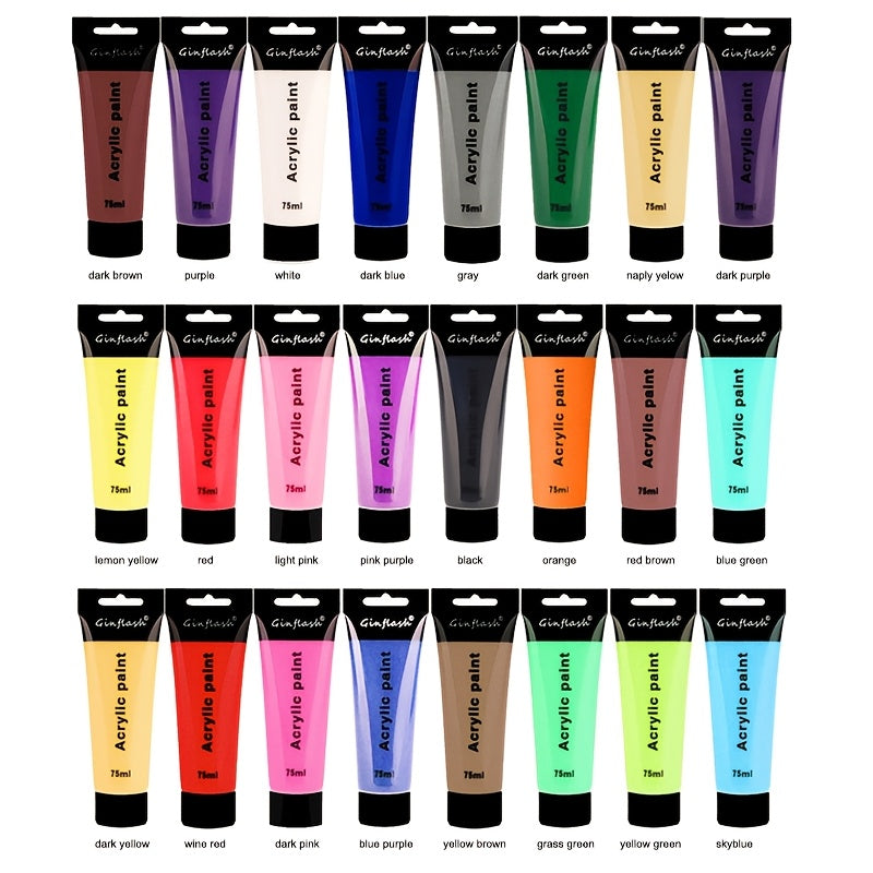 Ginflash Set de 12/24 couleurs 75ml/tube Pigment Acrylique Pailleté/Métallique Normal pour Art, Dessin, Peinture Murale DIY, Tissu et Fournitures Artistiques