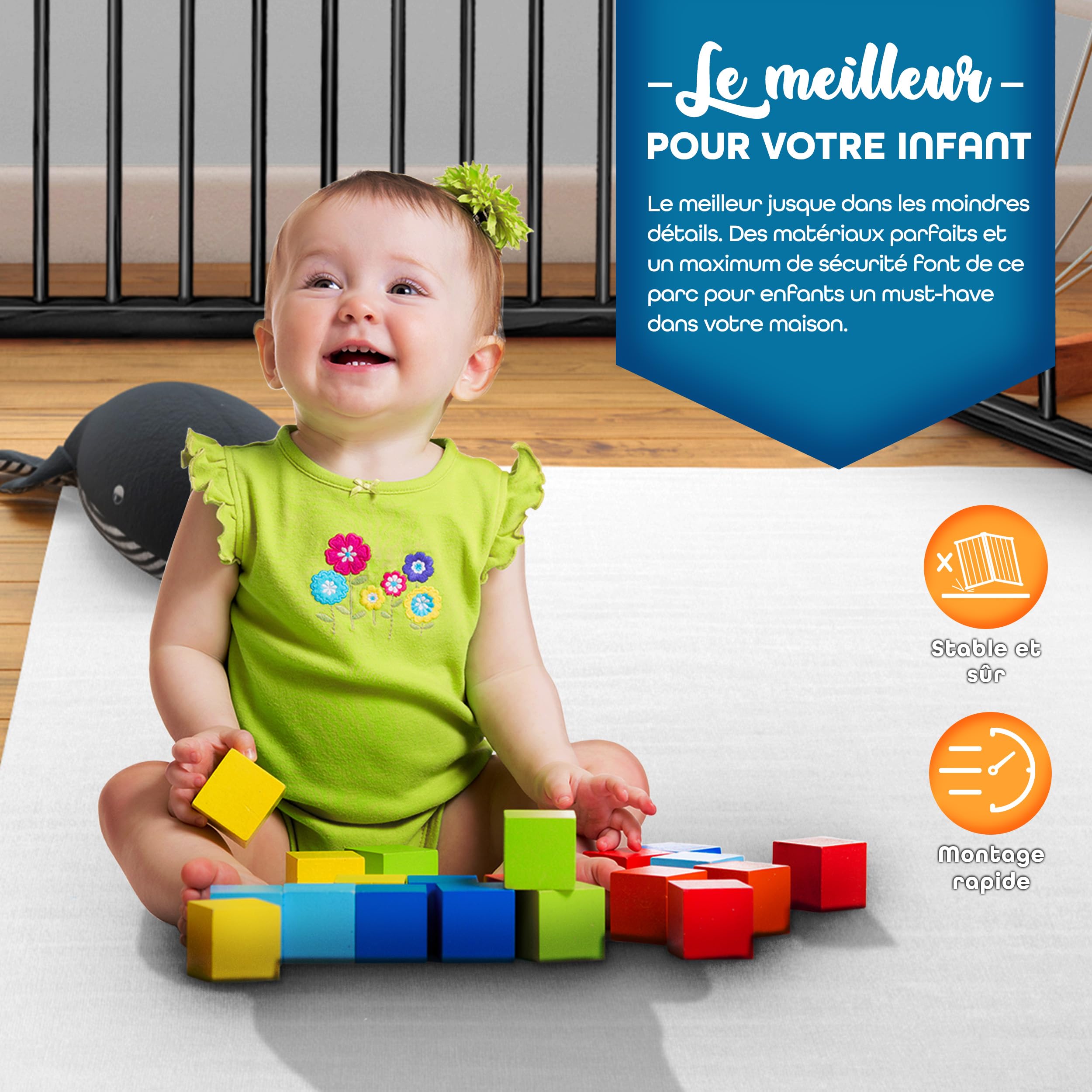 KIDUKU® Parc bébé pliable XXL de 7,2 mètres avec porte | Parc en bois avec double sécurité | Parc pliable pour enfants avec 8 éléments