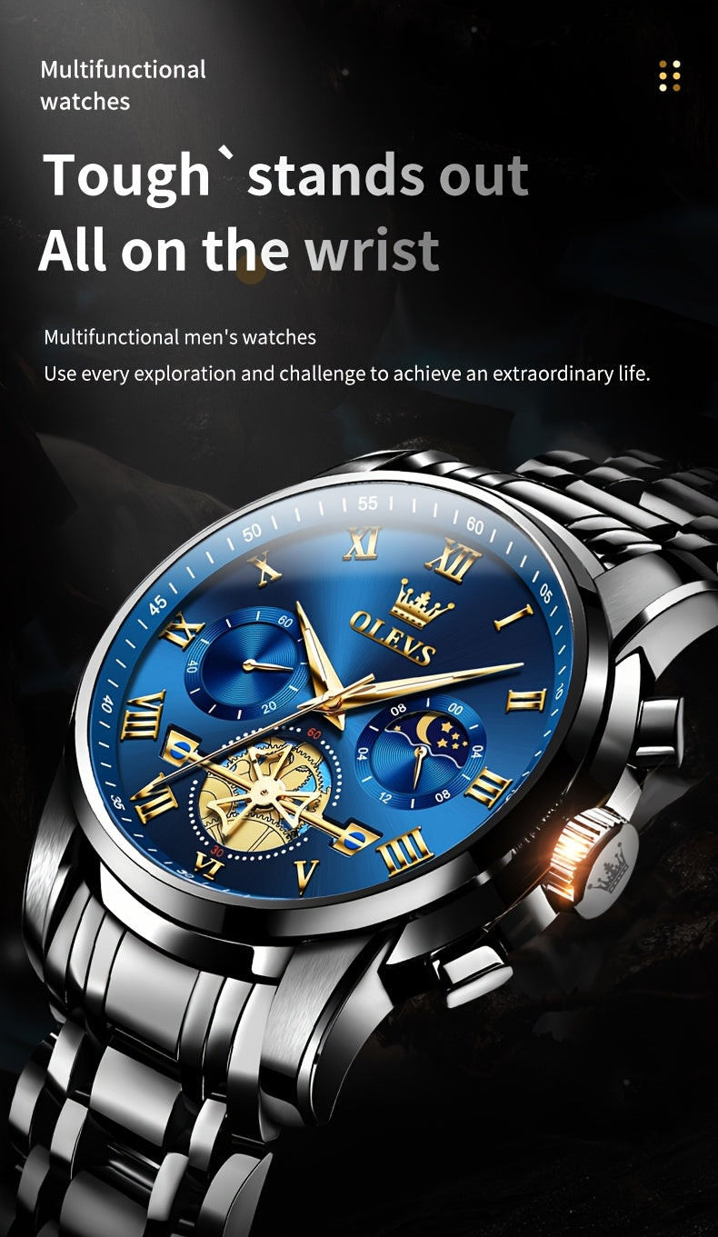 Montres pour Hommes OLEVS Montre à Quartz de Luxe avec Bracelet en Acier Inoxydable, Numéros Romains et Phases Lunaires Lumineuses, Classique Élégante, Cadeaux Romantiques de Noël, Relojes de Hombre Bleu/Noir/Blanche/Cadran Doré
