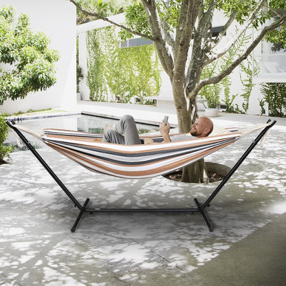 Bonnlo Cadre de Hamac avec Support Métallique, 2 * 1.5M Hamac d'Extérieur en Coton-Polyester, Kit de Support Pliable, Plafond de Charge de 150Kg pour Jardin, Patio, Balcon