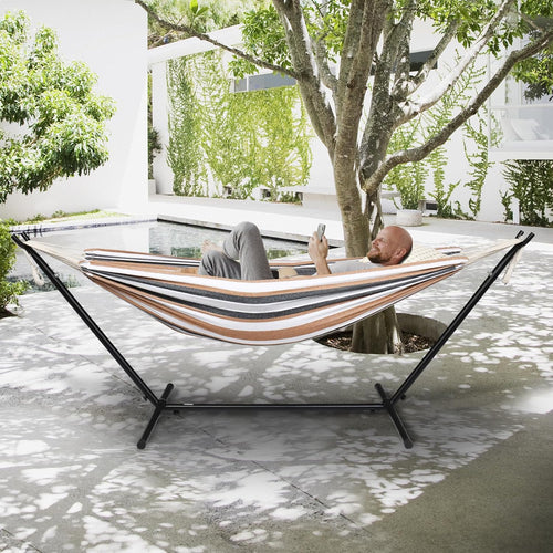 Bonnlo Cadre de Hamac avec Support Métallique, 2 * 1.5M Hamac d'Extérieur en Coton-Polyester, Kit de Support Pliable, Plafond de Charge de 150Kg pour Jardin, Patio, Balcon