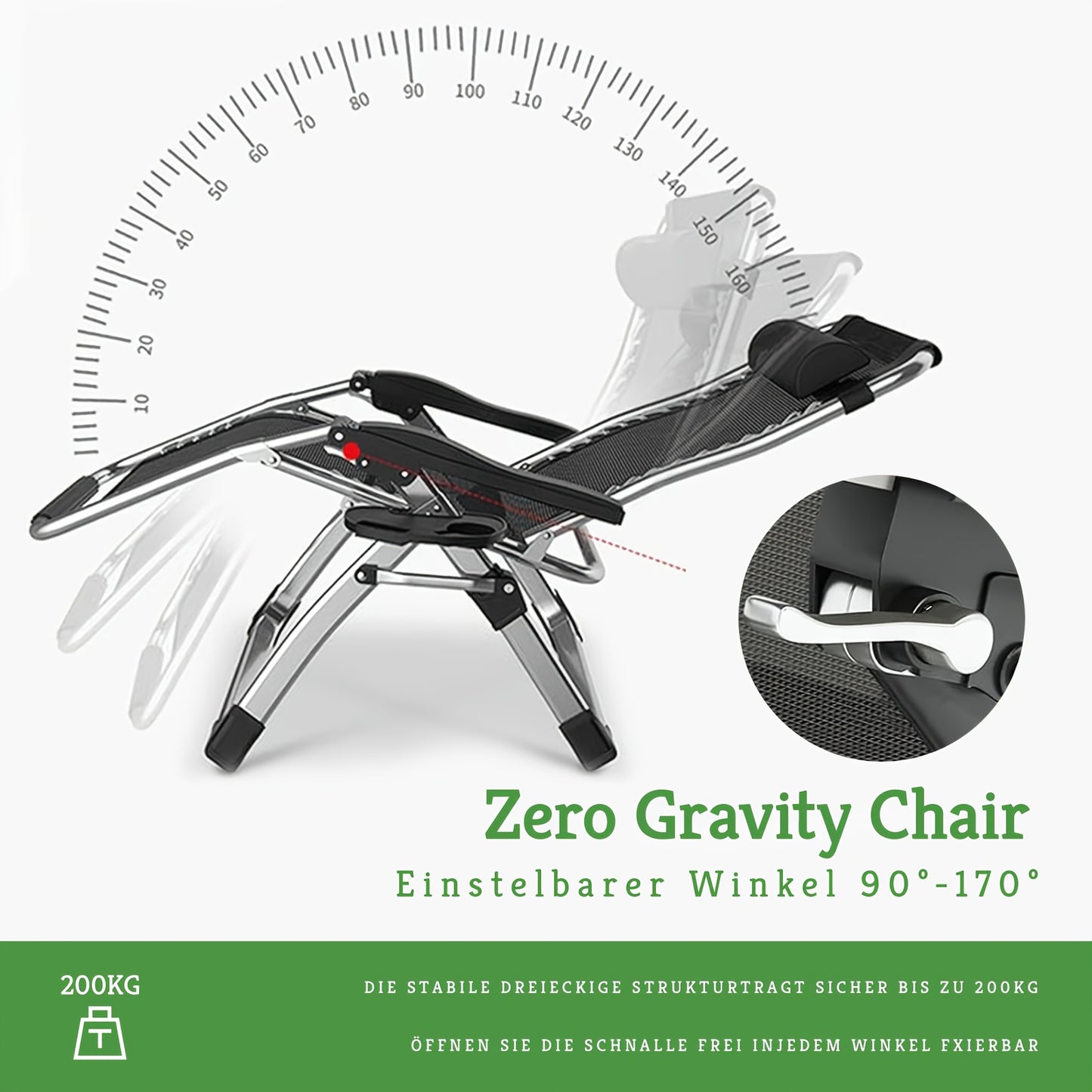 Chaise longue de détente zéro gravité surdimensionnée, 72 cm extra large, inclinable pliable et réglable, capacité de 500 lbs/200 kg, coussin détachable en coton doux avec appui-tête, porte-gobelet, noir gris, pour jardin, terrasse, balcon, patio extérieu