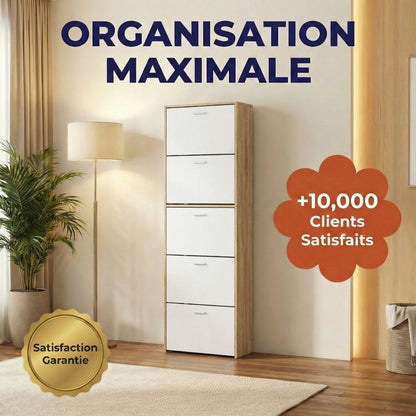 Meuble à chaussures fin avec 5 compartiments à rabat, armoire à chaussures en bois pour jusqu'à 15 paires, organisateur d'entrée peu encombrant