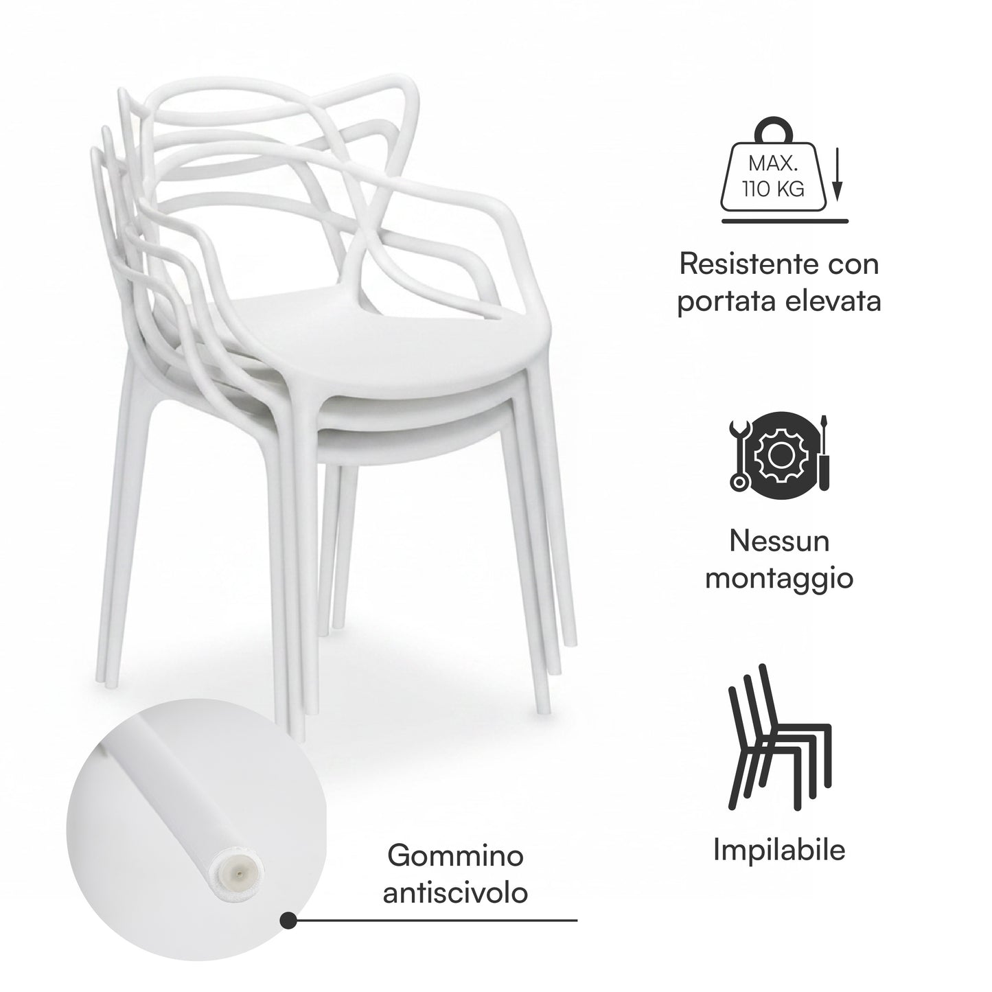 Baroni Home Lot de 4 chaises en plastique blanc – Empilables, prêtes à l'emploi sans assemblage requis, faciles à nettoyer, avec pieds antidérapants pour une stabilité accrue – Idéales pour cuisine, salon, salle à manger, jardin, terrasse ou balcon – Assi