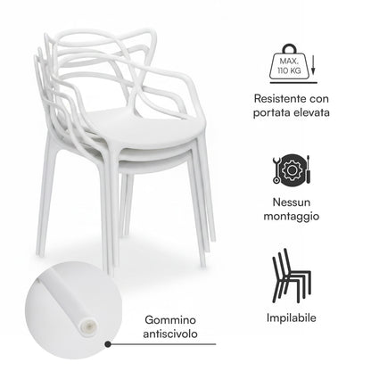 Baroni Home Lot de 4 chaises en plastique blanc – Empilables, prêtes à l'emploi sans assemblage requis, faciles à nettoyer, avec pieds antidérapants pour une stabilité accrue – Idéales pour cuisine, salon, salle à manger, jardin, terrasse ou balcon – Assi