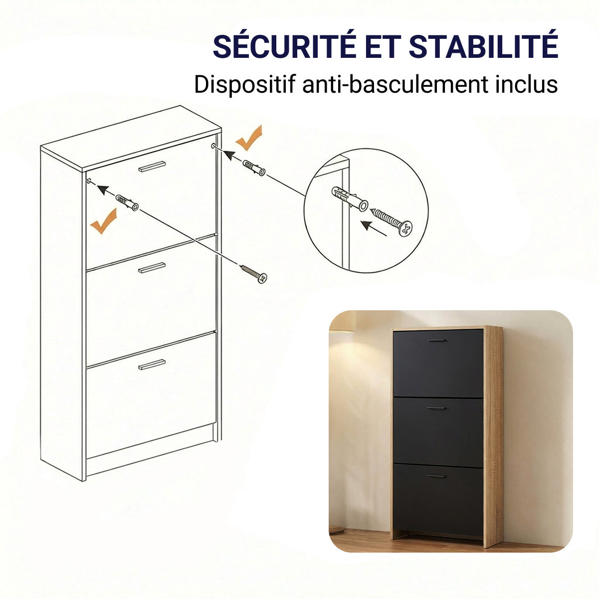 Meuble à chaussures avec 3 compartiments à abattant, armoire de rangement en bois pour jusqu'à 18 paires, organisateur d'entrée peu encombrant