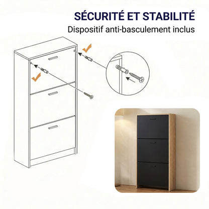 Meuble à chaussures avec 3 compartiments à abattant, armoire de rangement en bois pour jusqu'à 18 paires, organisateur d'entrée peu encombrant