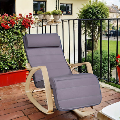 Fauteuil à bascule en bois de bouleau avec accoudoirs, un design lounge et un repose-pieds réglable en cinq positions différentes
