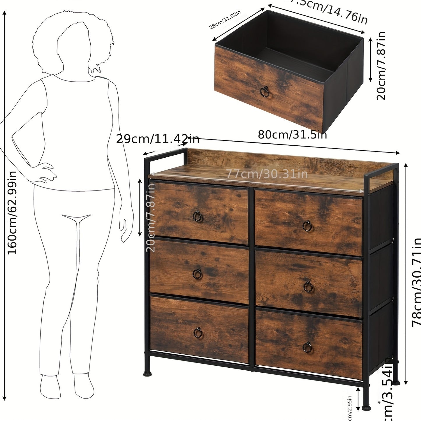 1 commode avec un meuble à tiroirs comprenant six tiroirs en tissu, conçue pour le rangement dans la chambre à coucher, le salon ou le couloir, avec une structure en métal dans un style industriel vintage, finie en marron et noir