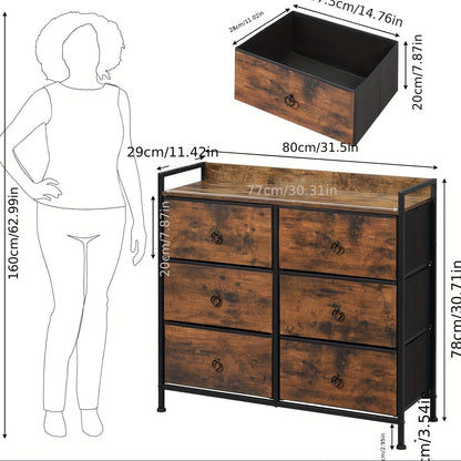 1 commode avec un meuble à tiroirs comprenant six tiroirs en tissu, conçue pour le rangement dans la chambre à coucher, le salon ou le couloir, avec une structure en métal dans un style industriel vintage, finie en marron et noir